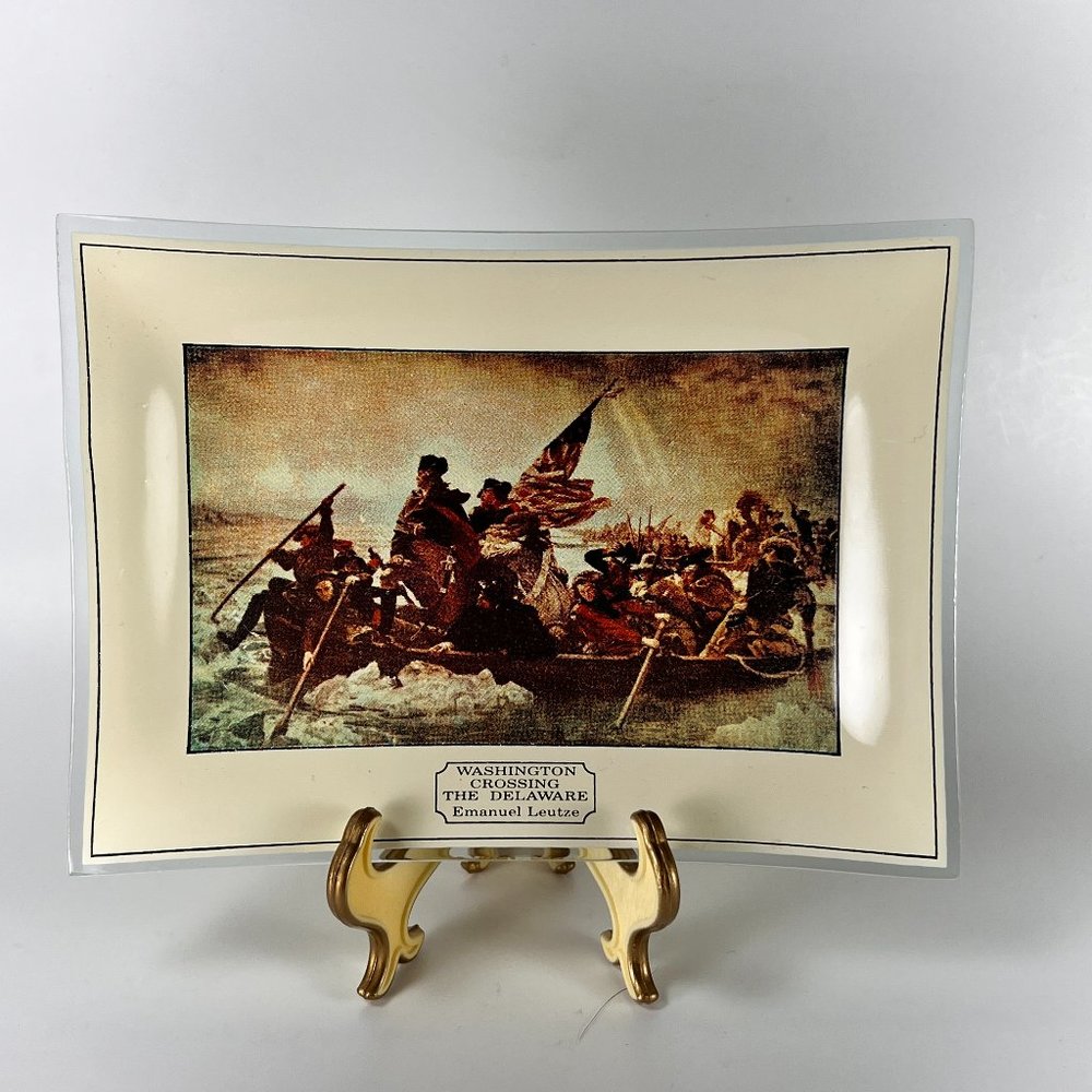 Vtg Washington Crossing The Delaware Trinket Candy Tray Glass Emmanuel Leutze